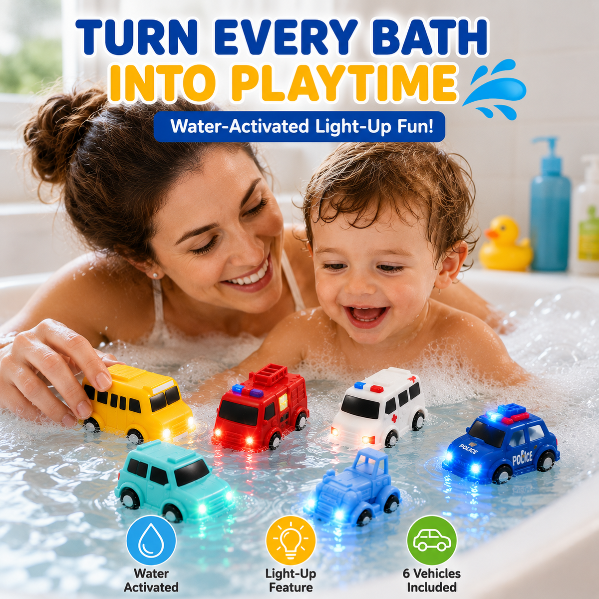 🚗Light Up Bath Cars🫧 6PCS Waterproof LED Bath Toys That Make Bath Time Magical ✨