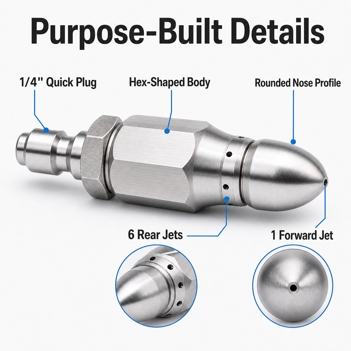 🔩Stainless Steel 7-Jet Sewer Jetter Nozzle with 1/4-In Quick Connect