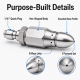 🔩Stainless Steel 7-Jet Sewer Jetter Nozzle with 1/4-In Quick Connect