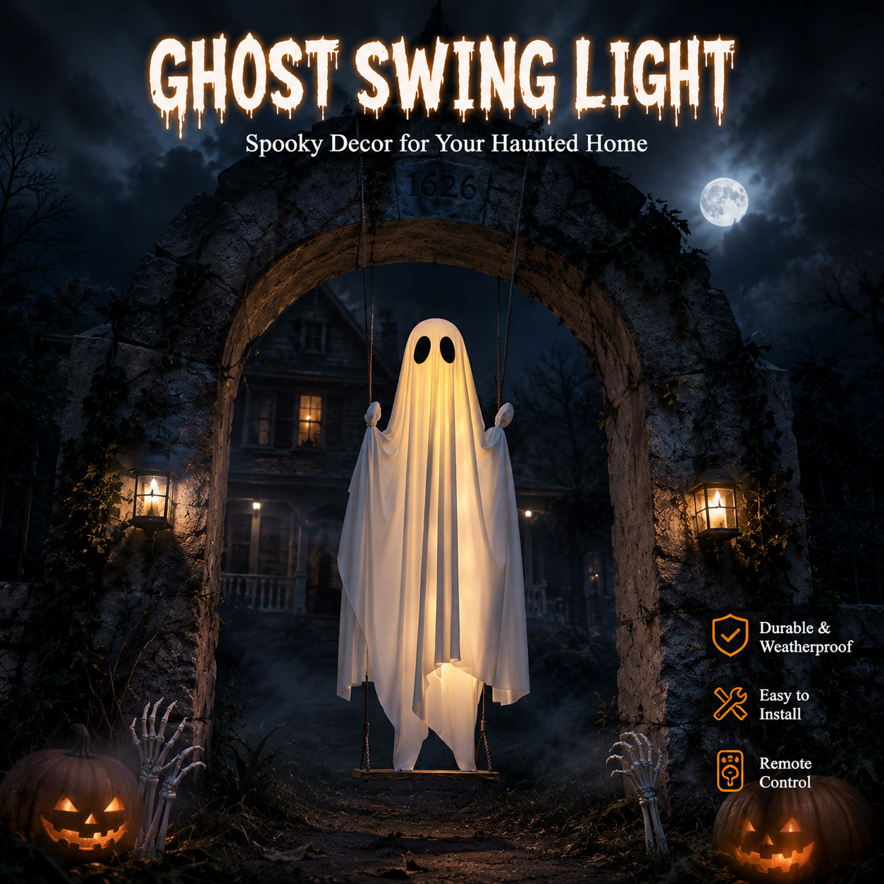 🎃FLASH SALE 55% OFF👻 5FT Light-Up Swinging Ghost⚡Bring Your Porch to Life