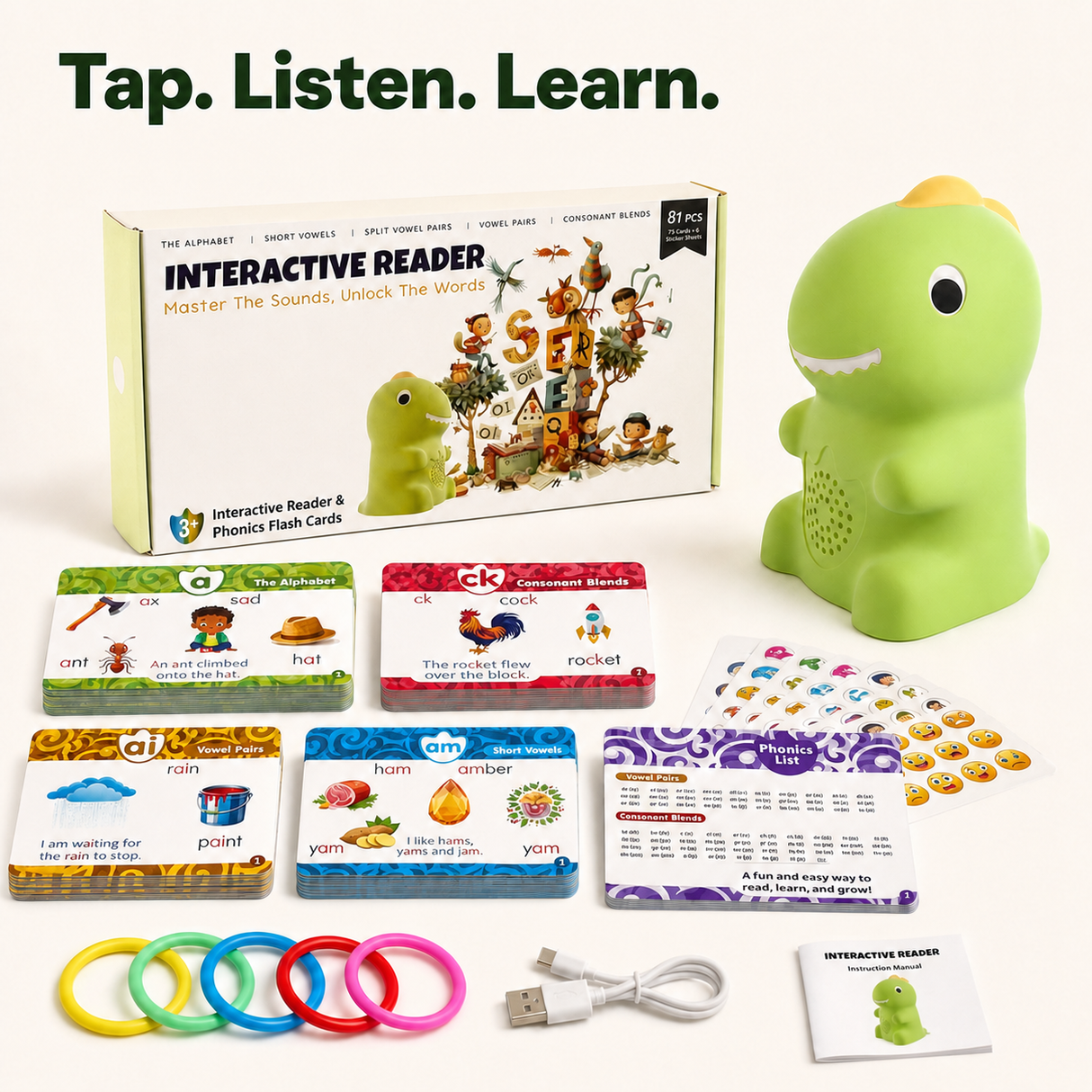 Interactive Dino Phonics Reader Set – Tap-to-Read Learning Cards & Stickers