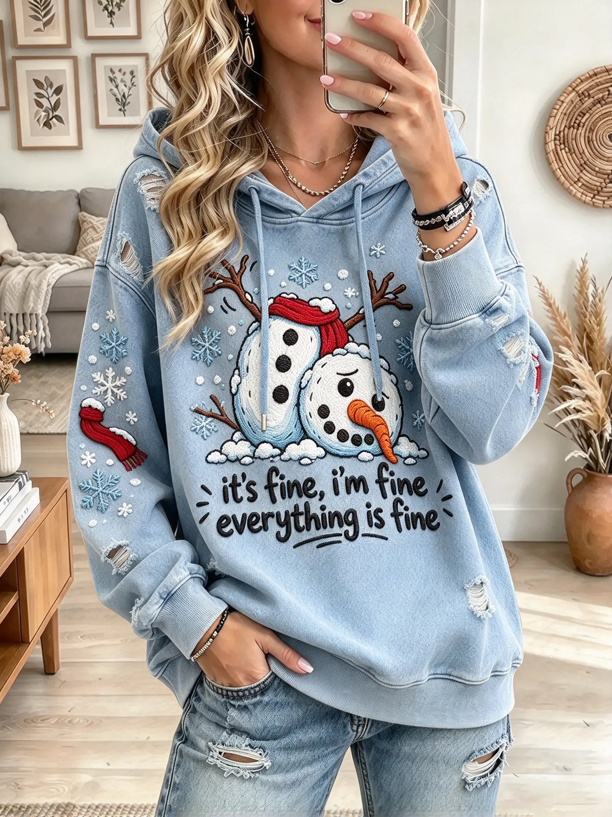 Women's Snowman Letter Print Fleece Hoodie