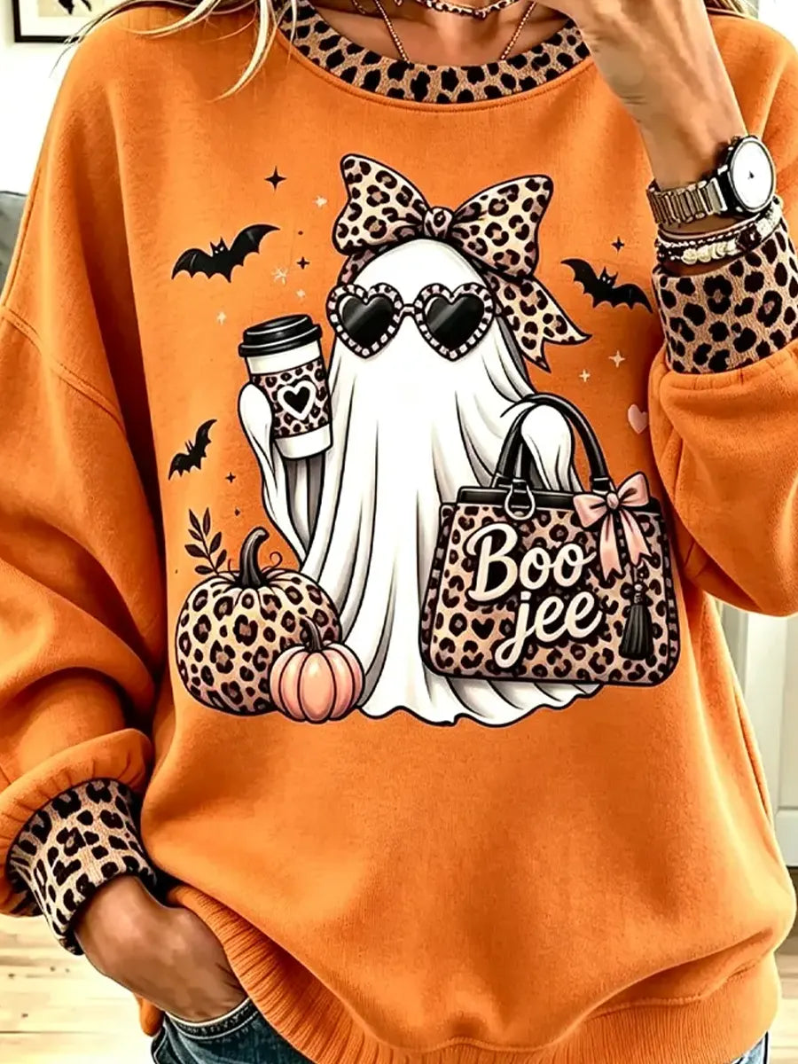 Vintage Halloween Ghost Pattern Art Casual Stylish Long Sleeve Sweatshirt
