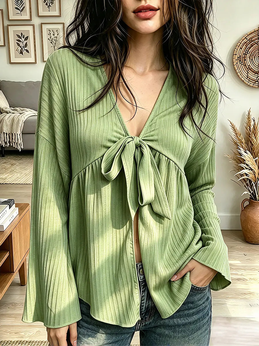 Vintage Elegant Lace-up Textured Flared Sleeves Shirt
