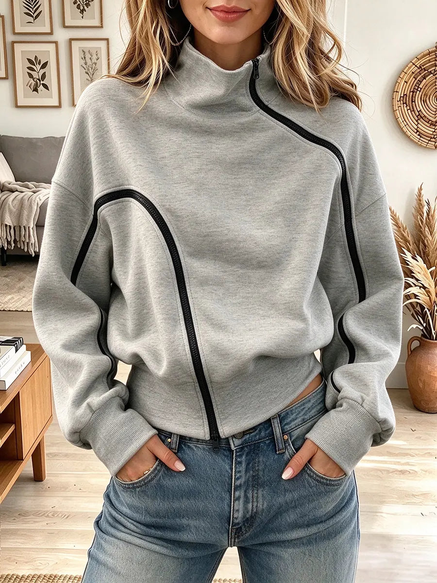 Women's Asymmetric Diagonal Zip High Neck Sweatshirt