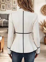 Women's White Structured Peplum Jacket with Black Piping and Chic Buttons