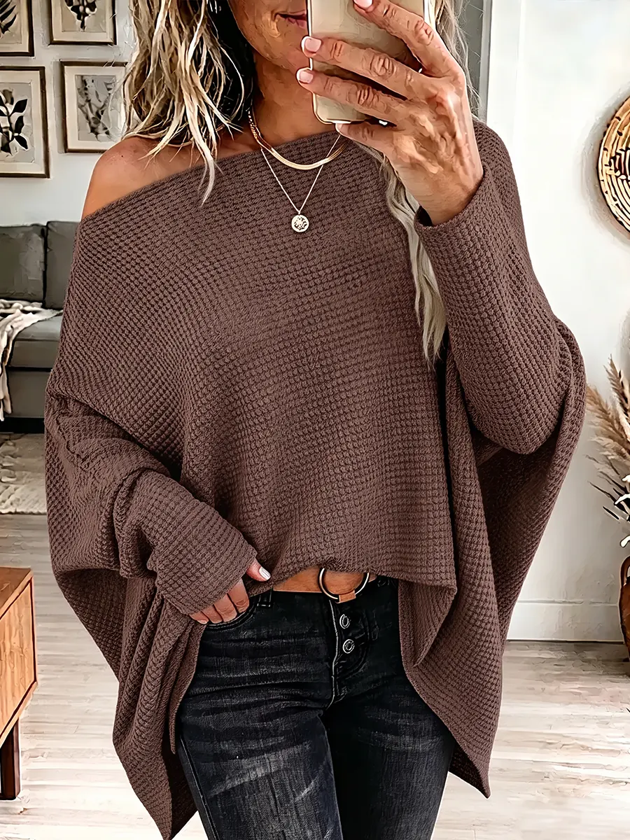 Vintage Elegant Waffle-knit One-shoulder Shirt