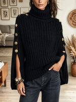 Women's Button Slit Sleeve Turtleneck Knit Poncho