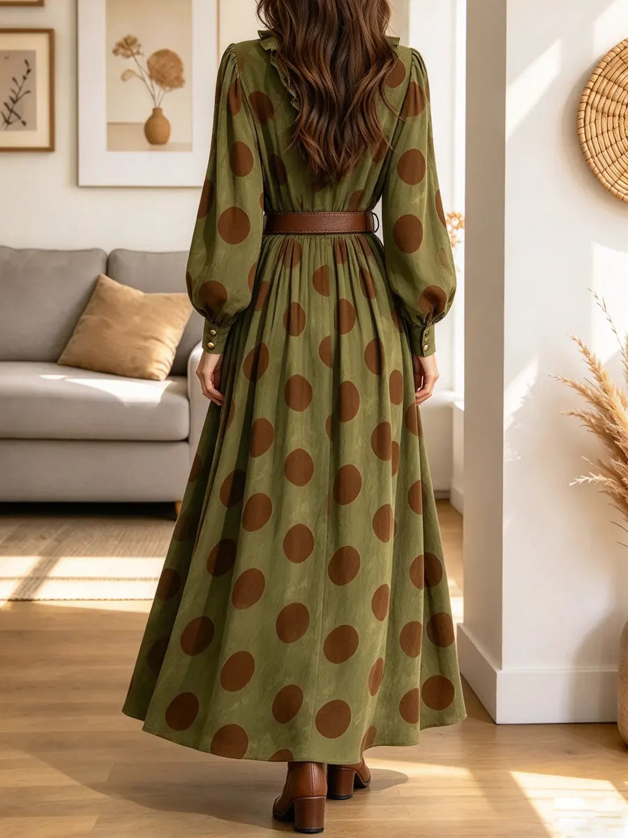 Vintage Elegant Polka Dot Ruffled Art Casual Stylish Long Sleeve Dress