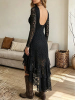 Vintage Elegant High-waisted Lace Square Neck Maxi Dress