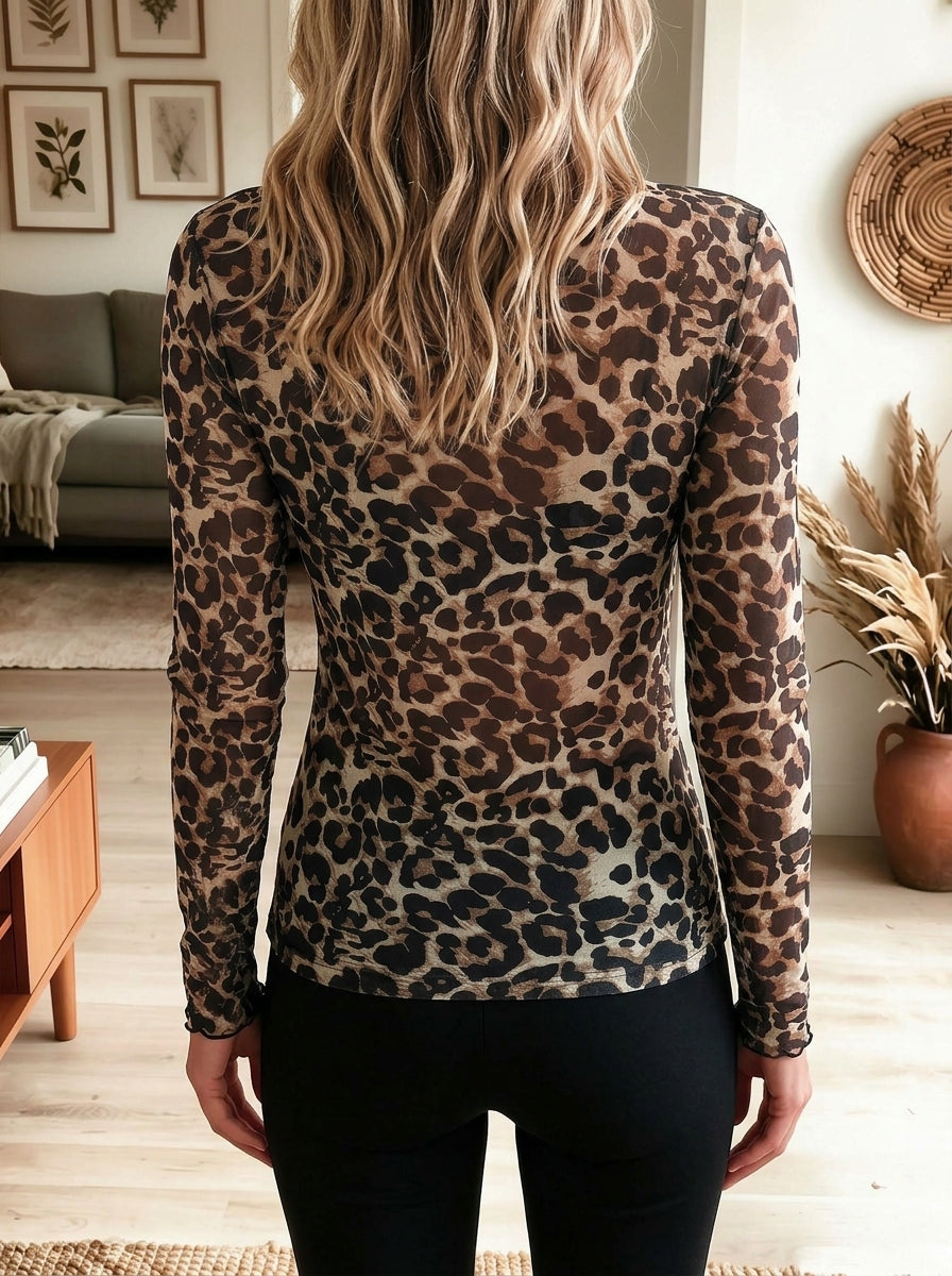 Leopard Print Ruffle Mock Neck Mesh Long Sleeve Top