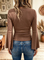 Women's Plunging V-Neck Ruched Bell Sleeve Top