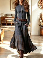 Vintage Plaid Patchwork Art Casual Stylish Long Sleeve Long Dress