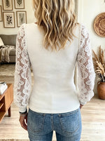 Women's Floral Lace Balloon Sleeve Ribbed Top