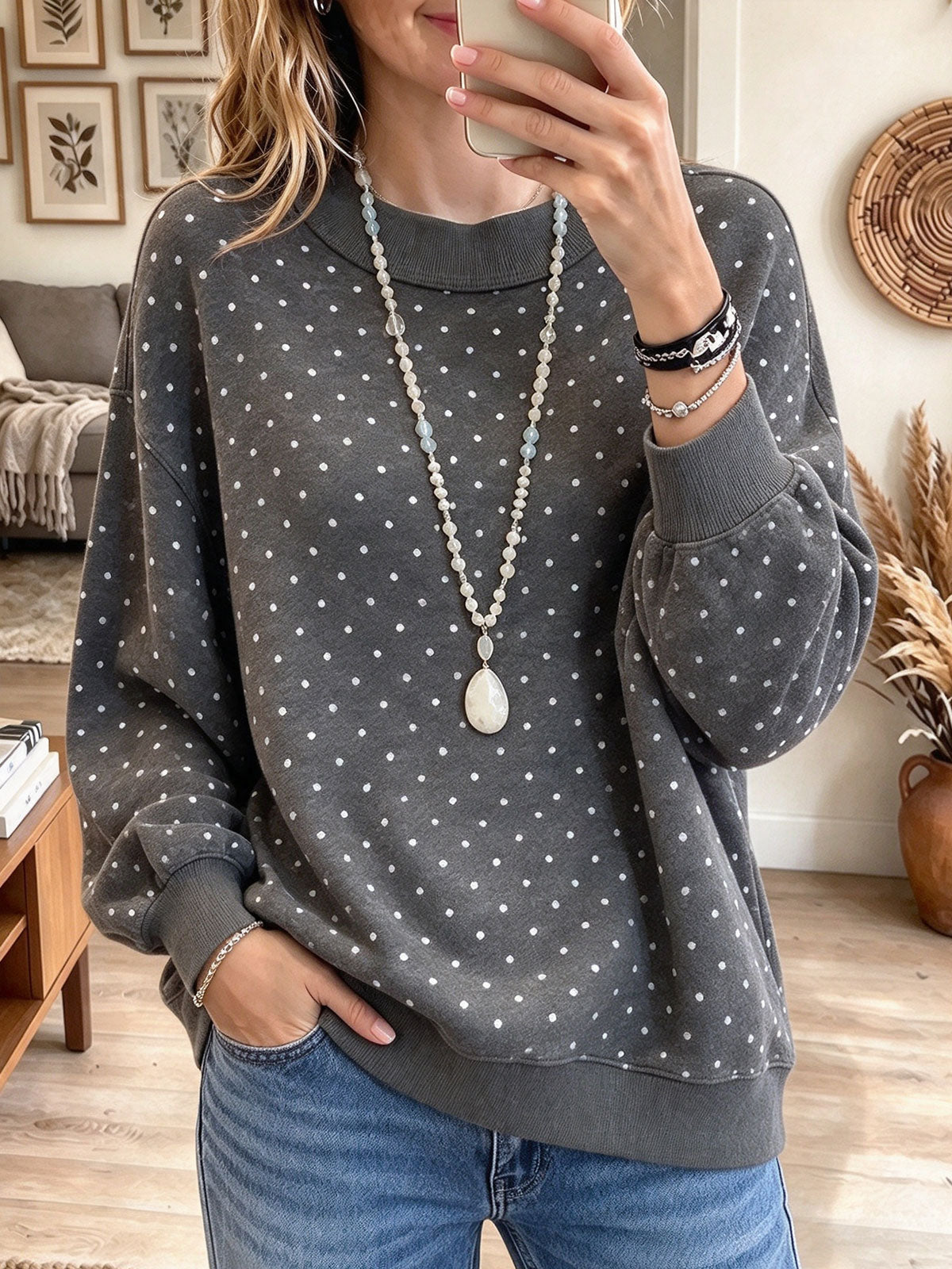 Women's Dark Grey Polka Dot Print Crew Neck Casual Sweatshirt