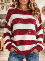 Women's Red and White Striped Sequin Knit Sweater