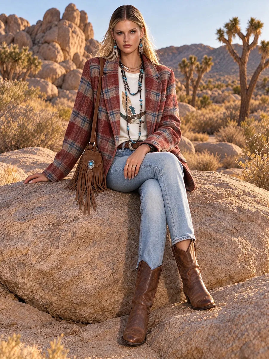 Women's Retro Casual Plaid Print Lapel Coat