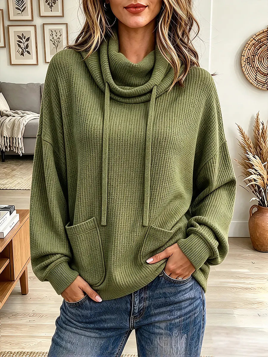 Vintage Elegant Waffle Knit Pocket Hood Shirt