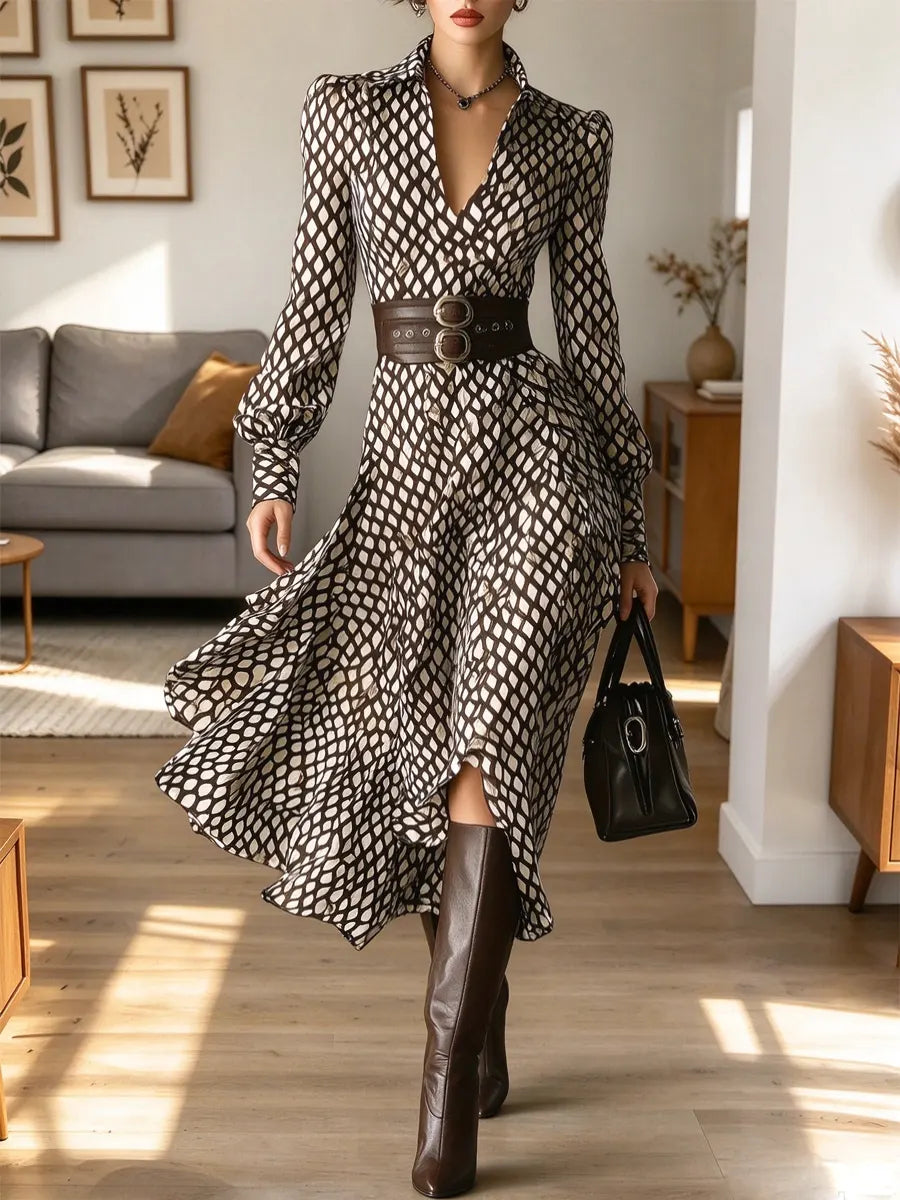 Vintage Chic Diamond Print Lapel Art Casual Stylish Long Sleeve Dress