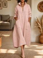 Women's Half Zip Stand Collar Ribbed Knit Maxi Sweater Dress