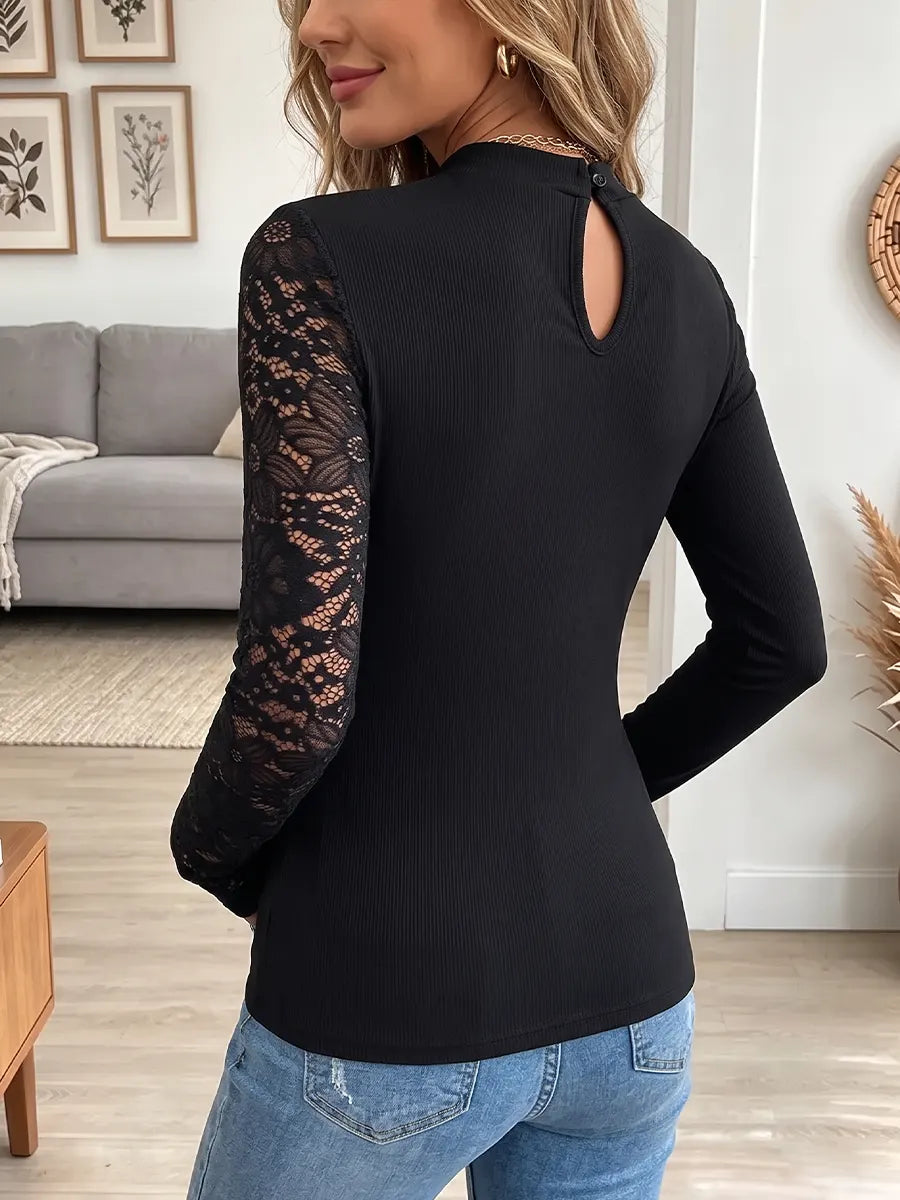 Vintage Elegant Patchwork Sheer Lace Cutout Shirt