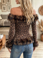 Women's Leopard Off-the-Shoulder Faux Fur Corset Top