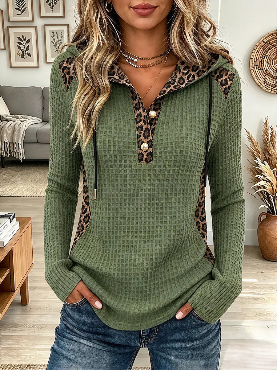Vintage Elegant Leopard Patchwork Waffle-knit Hoodie Sweatshirt