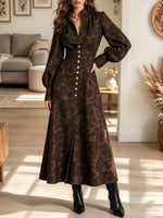 Women's Jacquard Floral Button-Down Maxi Shirt Dress