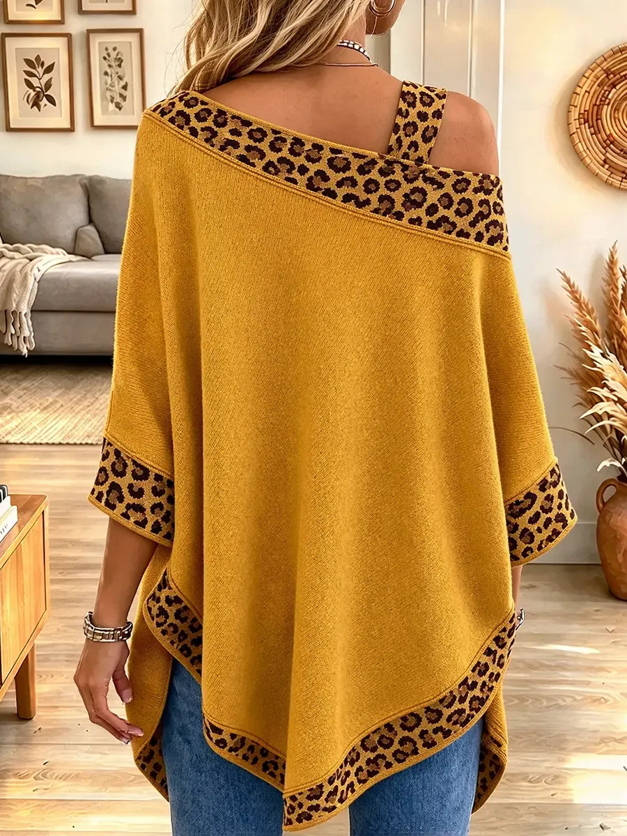 Women's Elegant Leopard Print Off-shoulder Loose Cape-style Knit Top