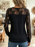 Women's Black Ribbed Knit Long Sleeve Top with Sheer Floral Lace Yoke