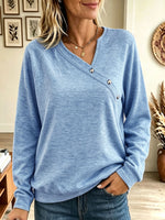 Women's Diagonal Button V Neck Sweatshirt, Long Sleeve Raglan Loose Casual Pullover