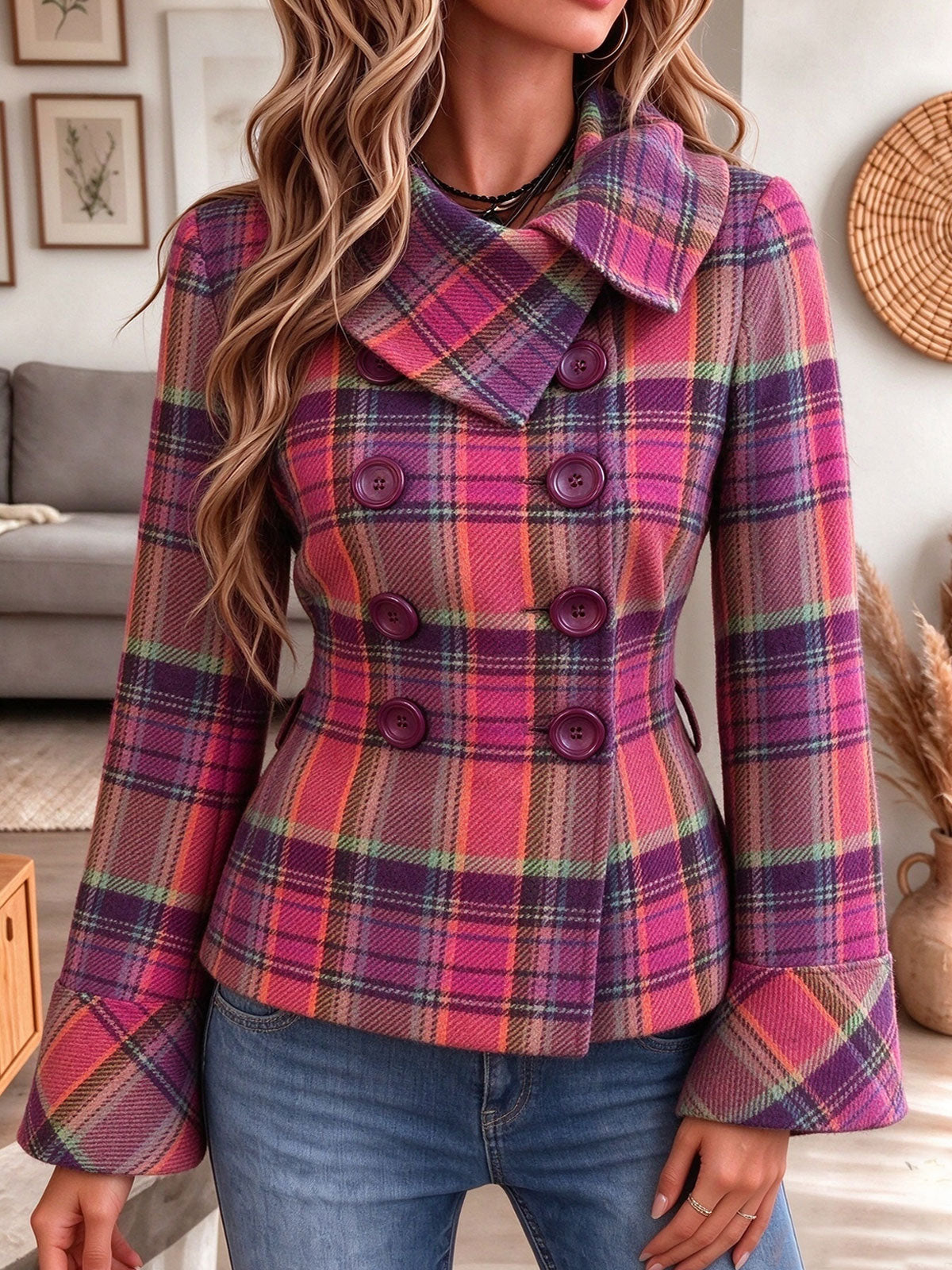 Women's Pink and Purple Plaid Double-Breasted Tailored Winter Coat