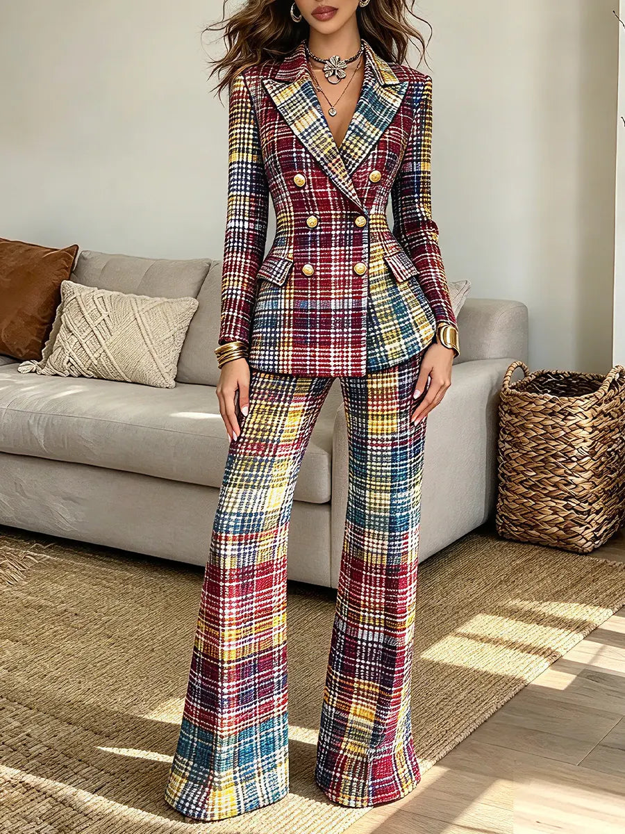 Vintage Elegant Plaid Slim Fit Suit Trousers Two-piece Set
