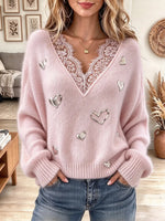 Women's V Neck Fuzzy Knit Sweater