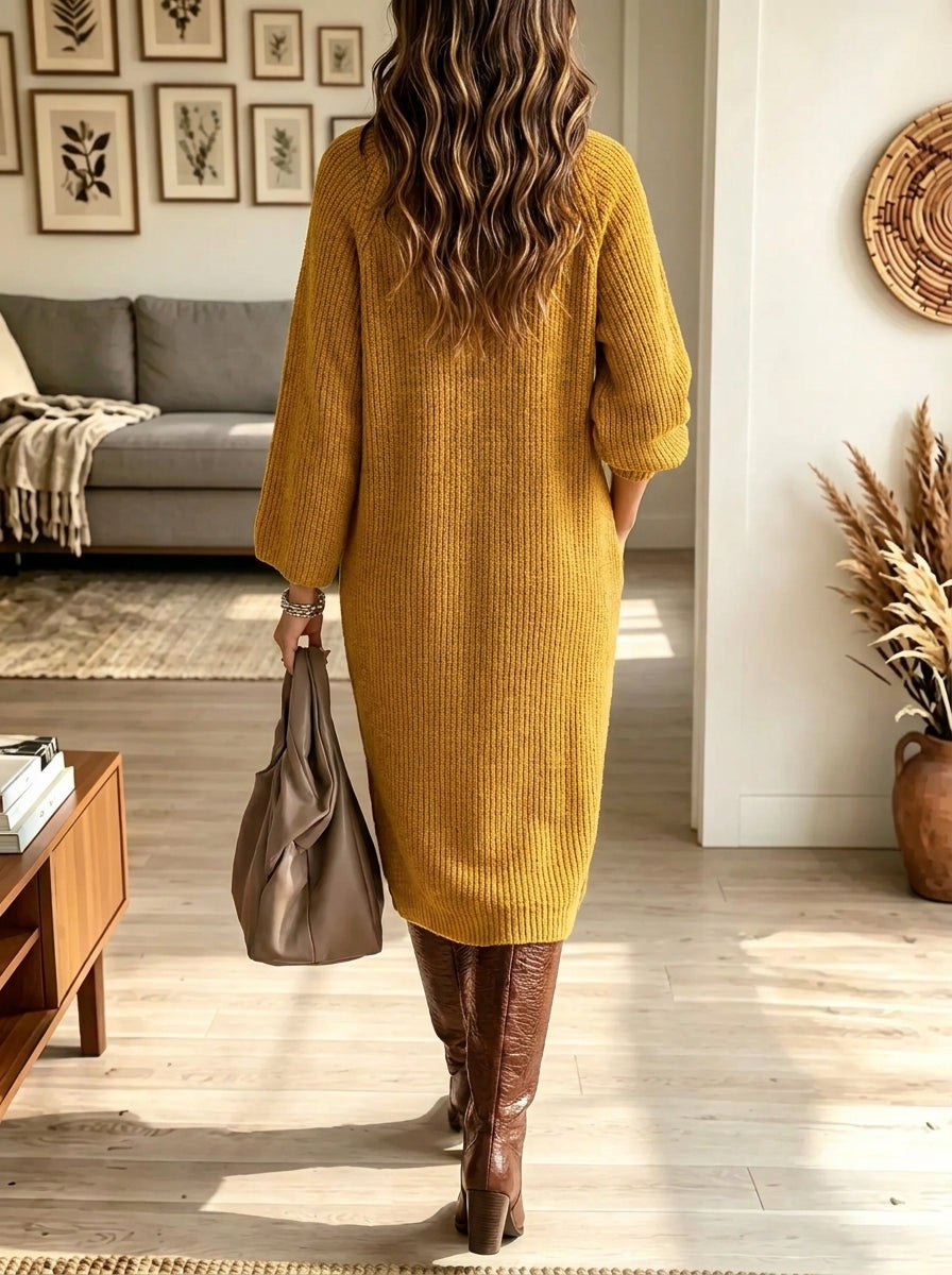 Women's Button Turtleneck Ribbed Knit Midi Sweater Dress