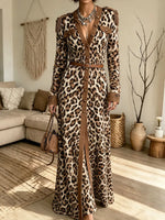 Women's Leopard Print Long-sleeve V-neck Cardigan Long Dress（Belt not included）