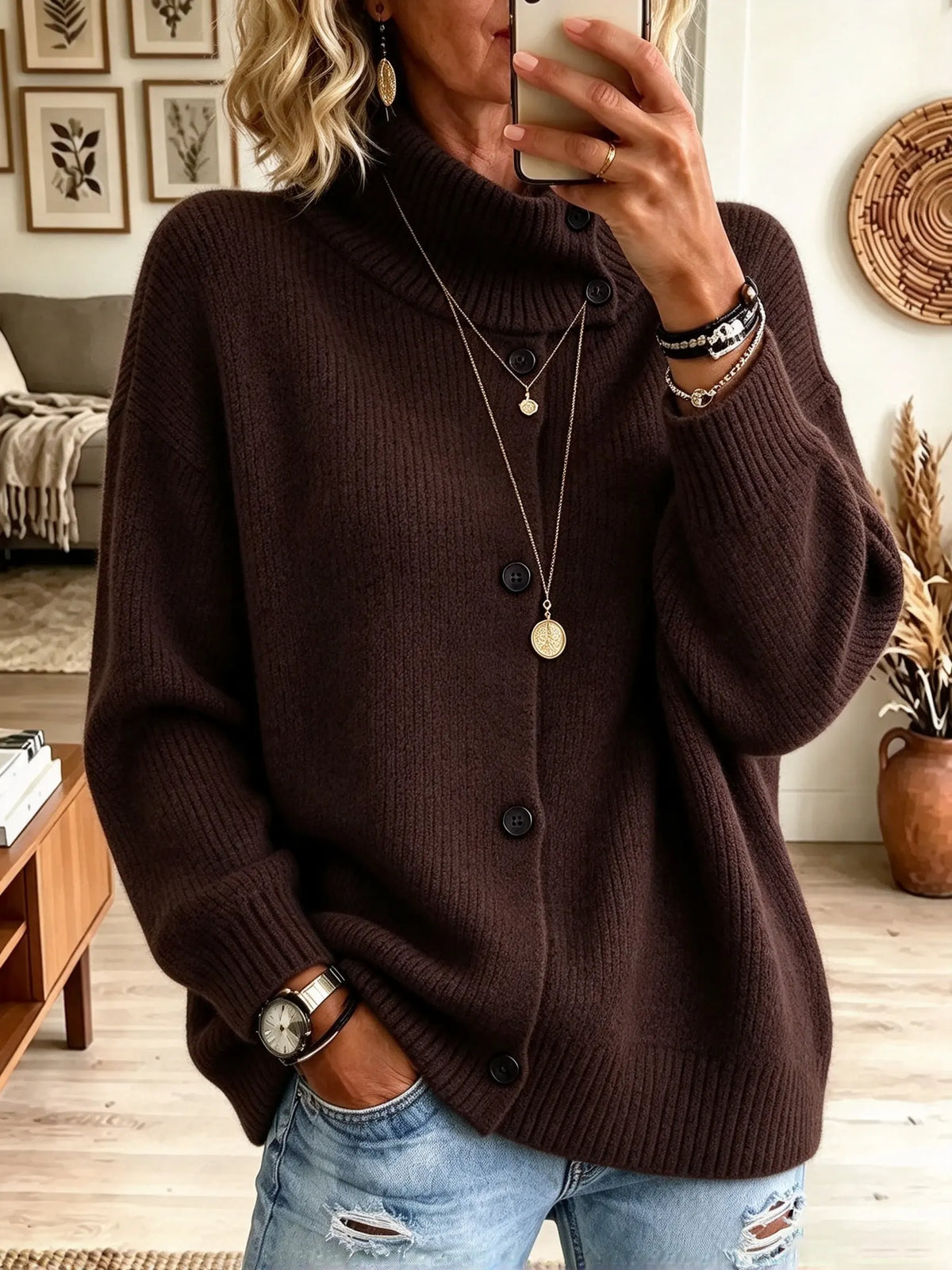 Women's Cowl Neck Buttoned Oversized Ribbed Cardigan