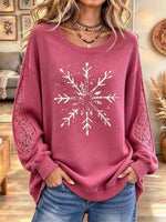 Women's Retro Snowflake Print Lace Patchwork Crew Neck Sweatshirt