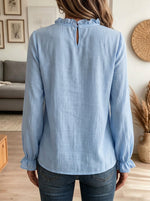 Women V Neck Ruffle Lace Trim Long Sleeve Blouse, Lantern Sleeve Casual Tunic Top