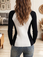 Women's Black and White Colorblock Cardigan with Gold Military Buttons