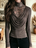 Women's Lace Turtleneck Long-sleeved Draped Collar Top