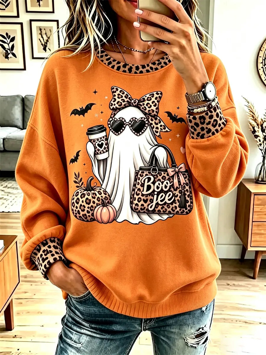 Vintage Halloween Ghost Pattern Art Casual Stylish Long Sleeve Sweatshirt
