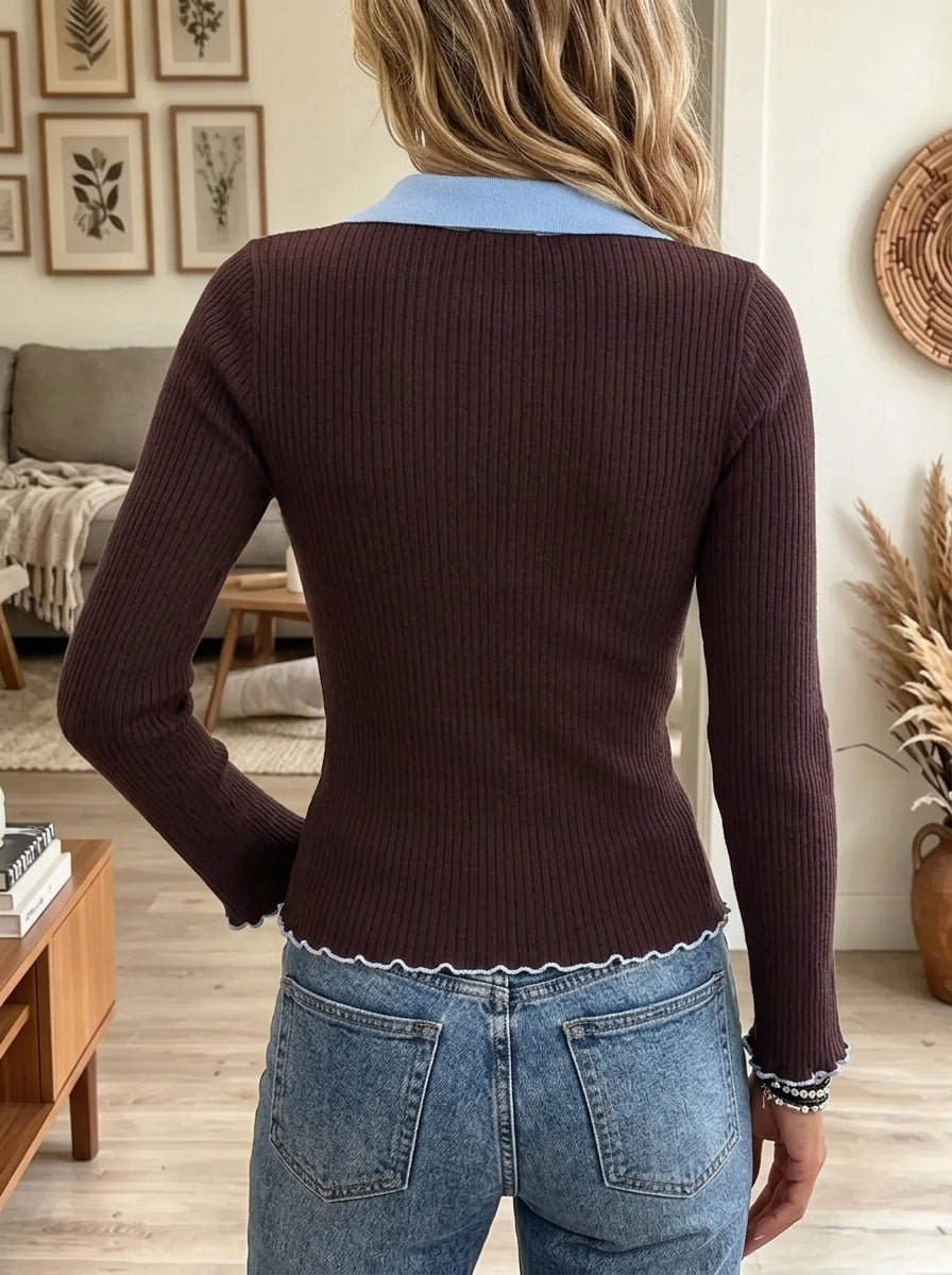 Women's Contrast Collar Lettuce Trim Ribbed Polo Top