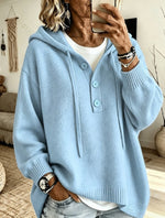 Women's Oversized Half Button Hooded Knit Sweater, Long Sleeve Loose Casual Pullover