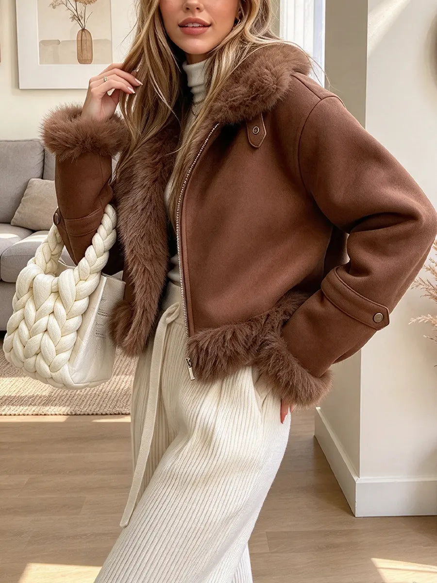 Retro Fur Suede Art Casual Stylish Long Sleeve Lapel Coat