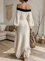 Women's Elegant Black Bow Lace Hem Off-shoulder Knit Dress