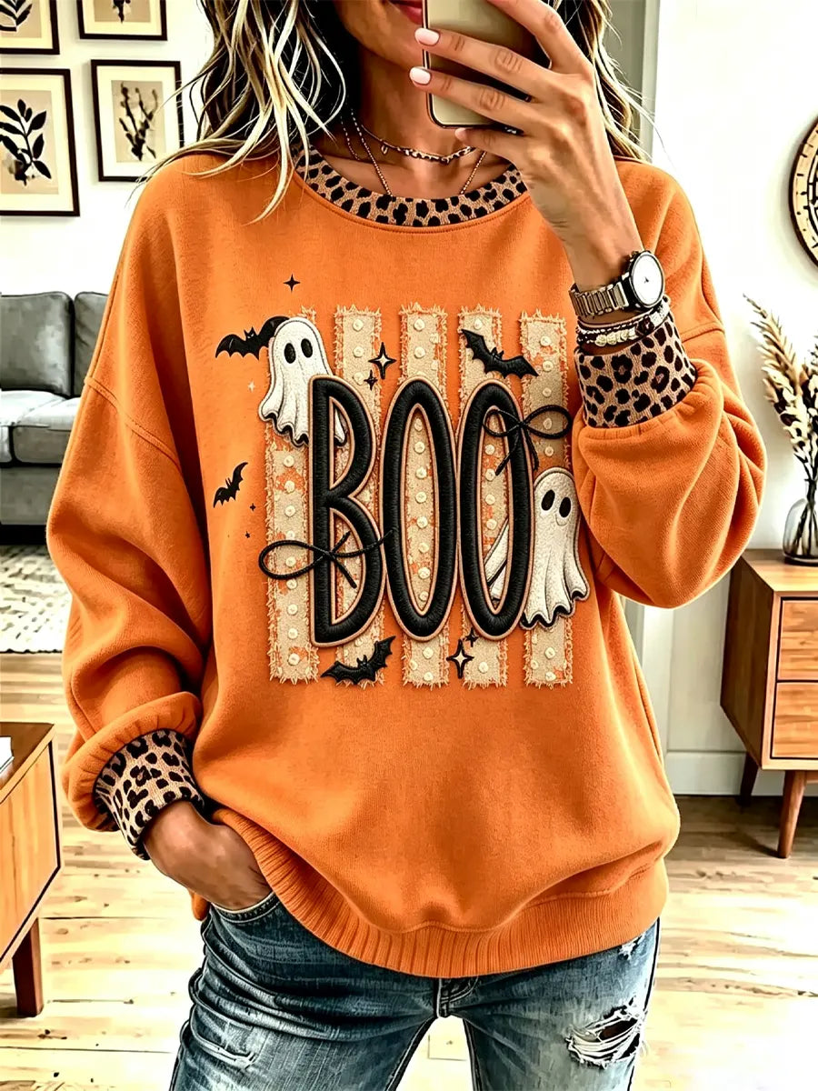 Vintage Halloween Ghost Pattern Art Casual Stylish Long Sleeve Sweatshirt