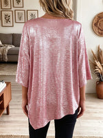 Metallic Shine Flowy 3/4 Sleeve Round Neck Tunic Top