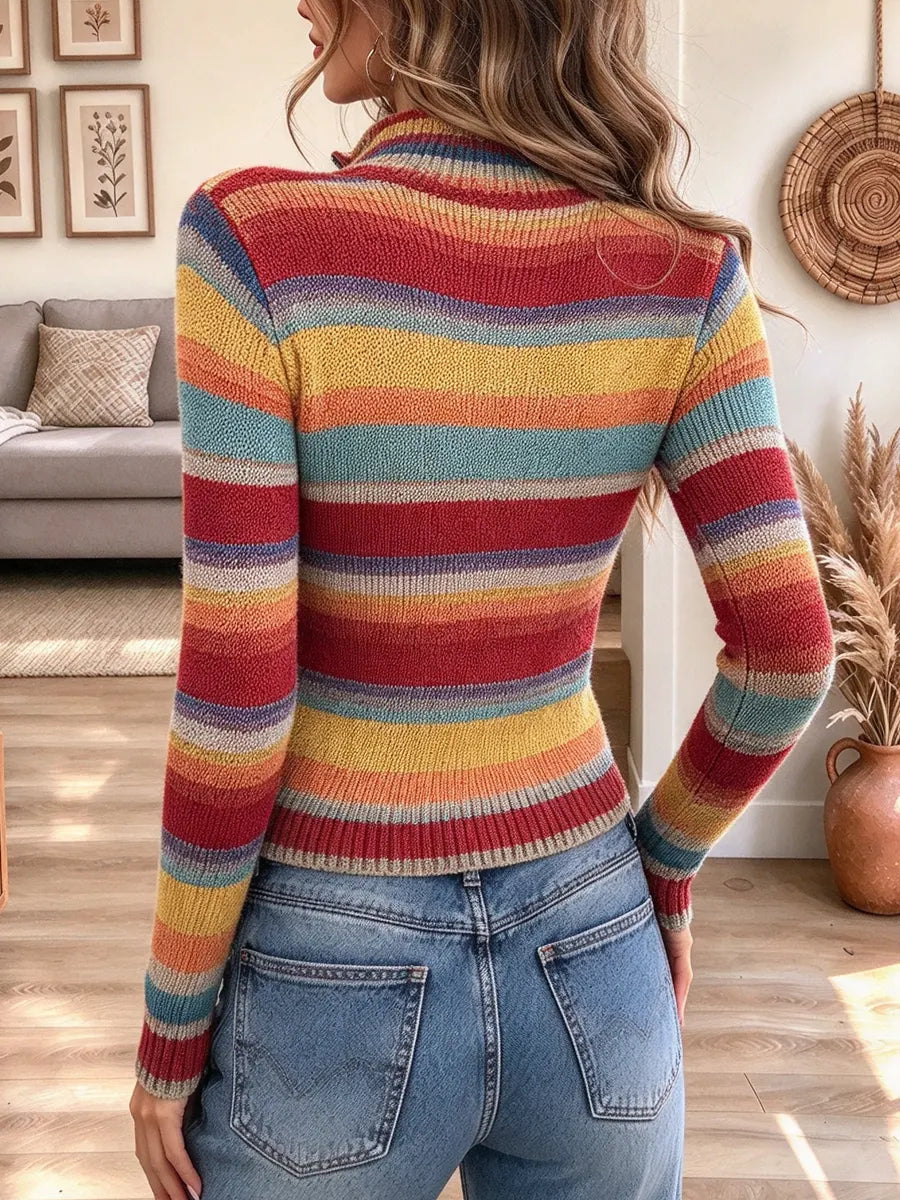 Retro Color Block Zip Stand Collar Art Casual Stylish Long Sleeve Sweater