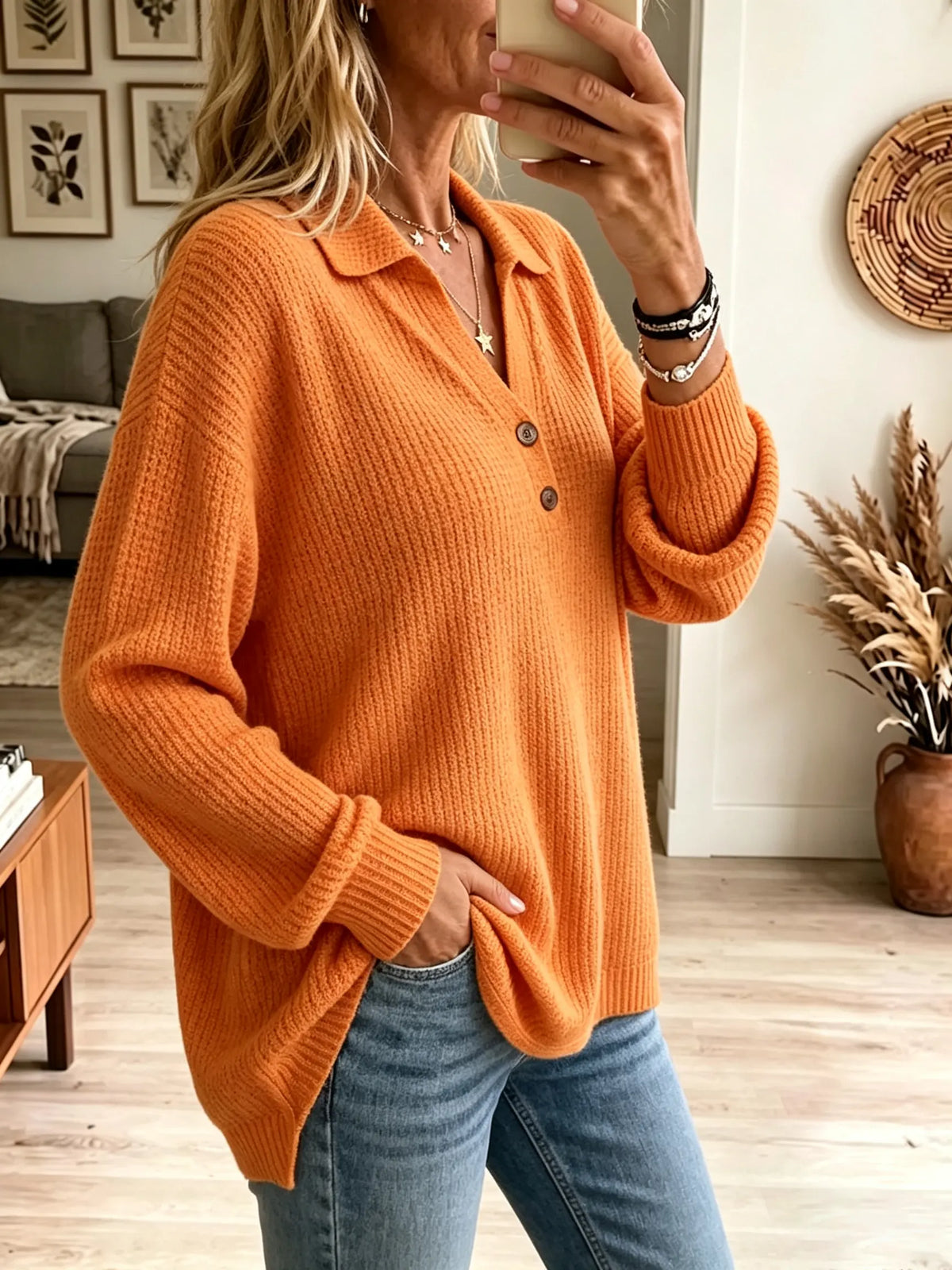 Women's Lapel Collar Henley Waffle Sweater